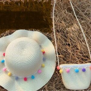 SALE **
Kids Cream Sun Hat and Bag Set with Colorful Pom Poms